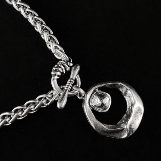 Silver Rope Chain Necklace with Round Crystal Pendant and Toggle Closure, Handmade, Nickel Free