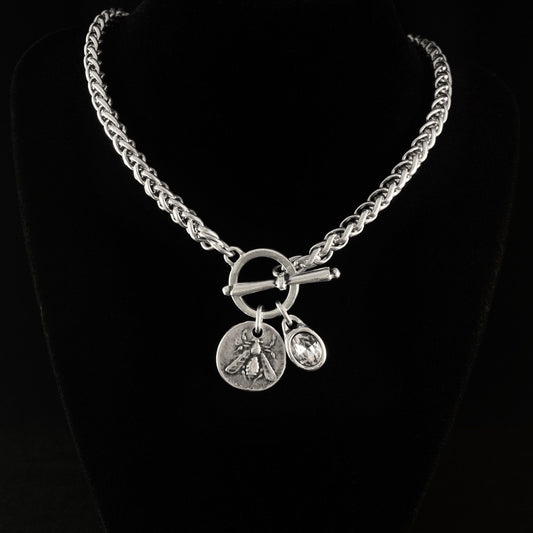 Silver Rope Chain Necklace with Toggle Closure, Bee Pendant and Crystal Pendant, Handmade, Nickel Free