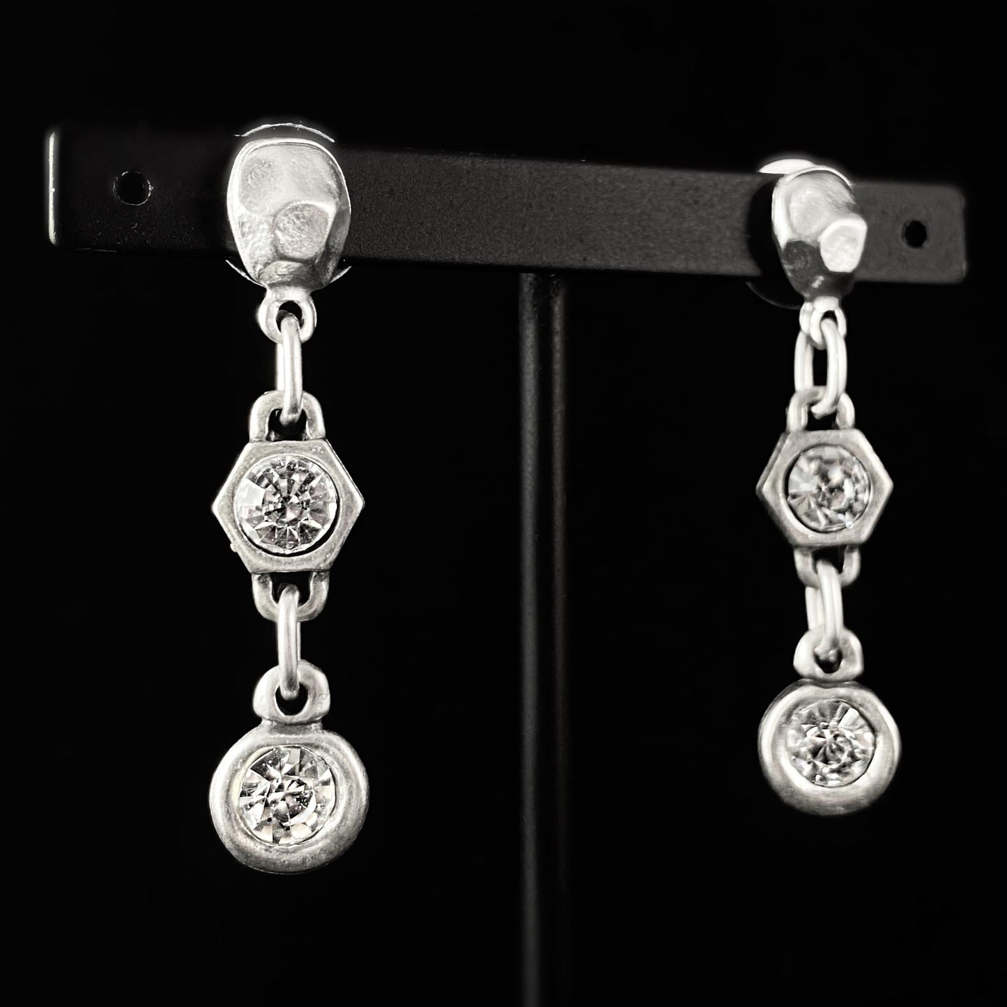 Silver Round and Hexagon Drop Earrings with Clear Crystals, Handmade, Nickel Free - Noir