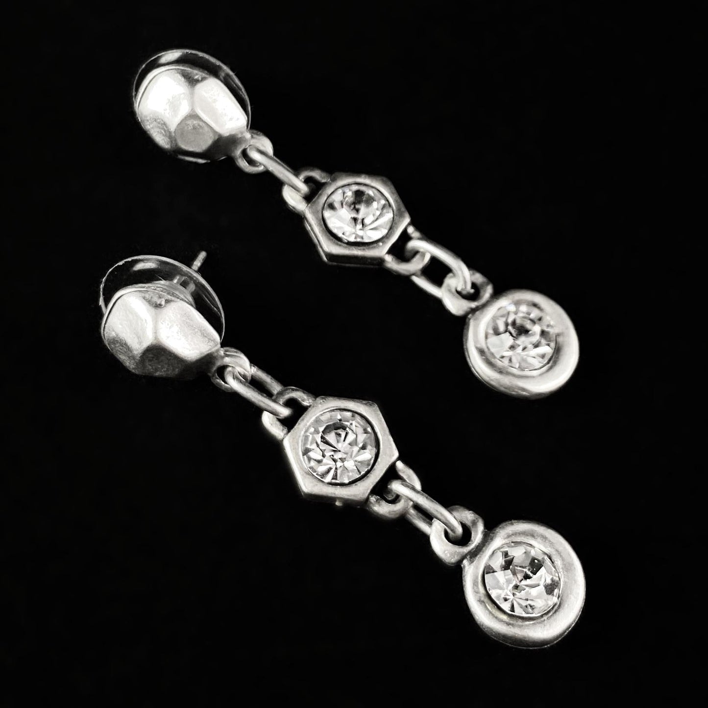 Silver Round and Hexagon Drop Earrings with Clear Crystals, Handmade, Nickel Free - Noir