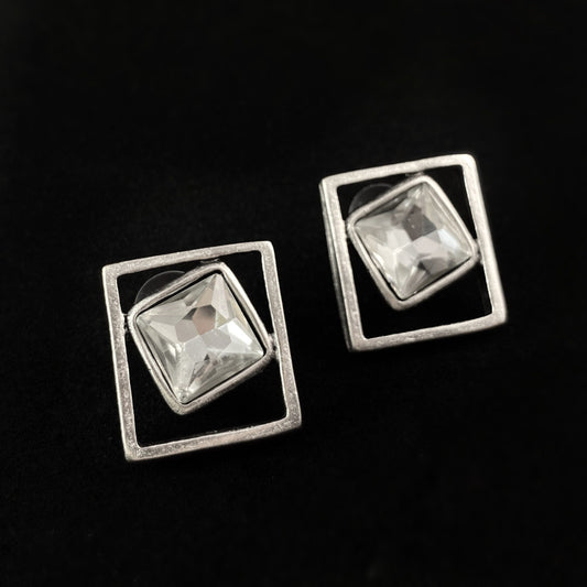 Silver Square Crystal Statement Earrings -  Handmade, Nickel Free - Elegant Minimalist Jewelry for Women