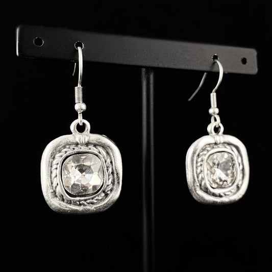 Silver Square Drop Earrings with Clear Crystals, Handmade, Nickel Free - Noir