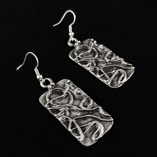 Silver Squiggle Textured Rectangle Drop Earrings, Handmade, Nickel Free - Elegant Minimalist Jewelry for Women