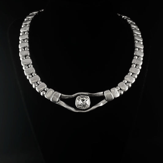 Silver Statement Necklace with Clear Round Crystal Eye Accent, Handmade, Nickel Free - Noir