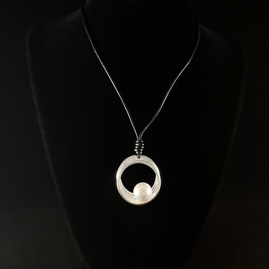 Silver Statement Necklace with Leather Cord and Circular Pearl Pendant - Handmade Nickel Free Ulla Jewelry