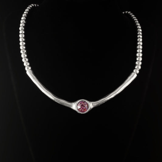 Silver Statement Necklace with Pink Round Crystal Accent, Handmade, Nickel Free - Noir