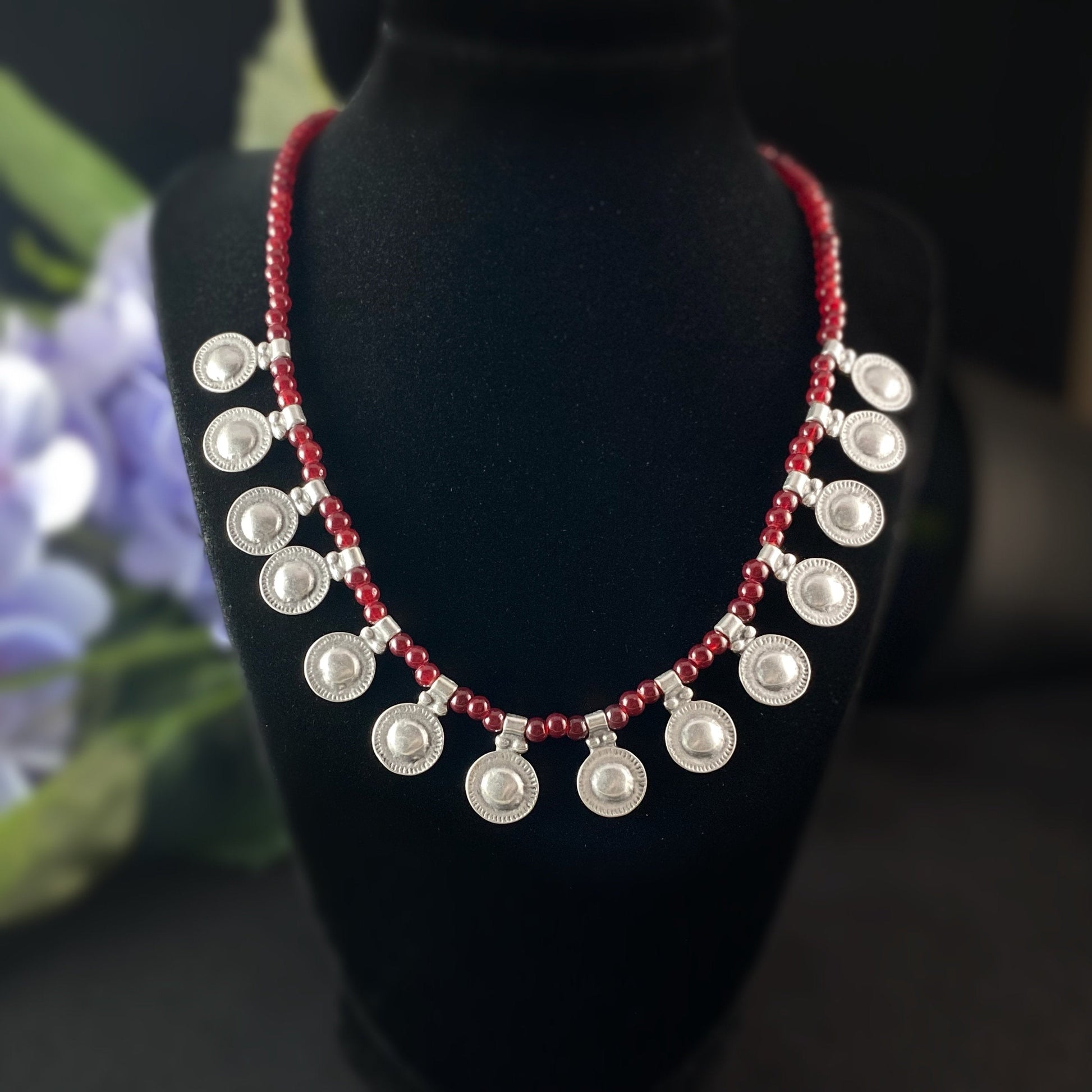 Silver Statement Necklace with Red Beads, Handmade, Nickel Free