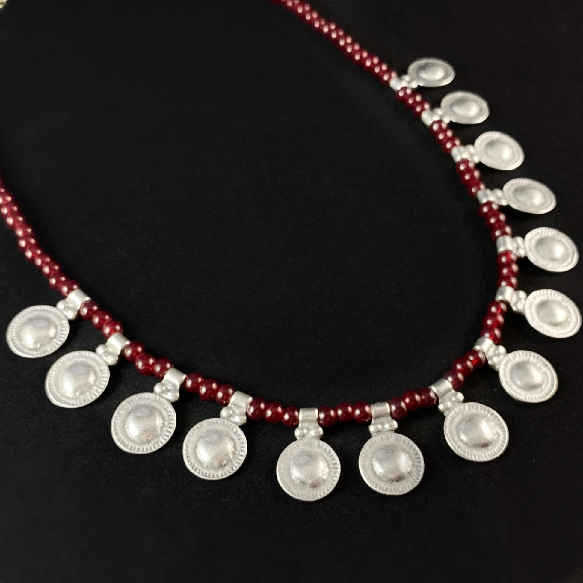 Silver Statement Necklace with Red Beads, Handmade, Nickel Free
