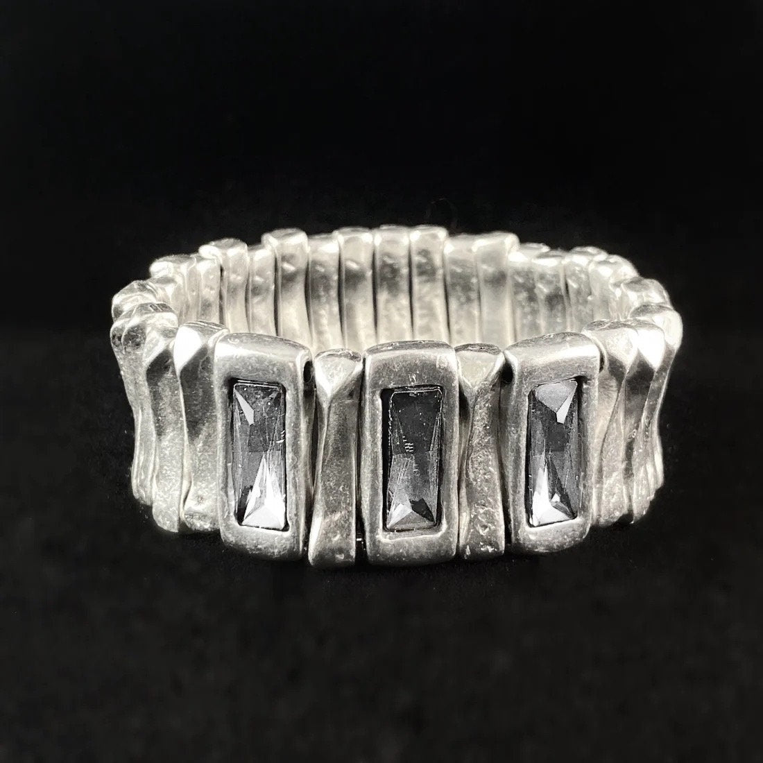 Silver Stretch Bracelet with Clear Rectangular Crystal Accents, Handmade, Nickel Free