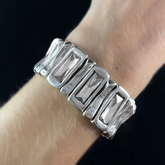 Silver Stretch Bracelet with Clear Rectangular Crystal Accents, Handmade, Nickel Free