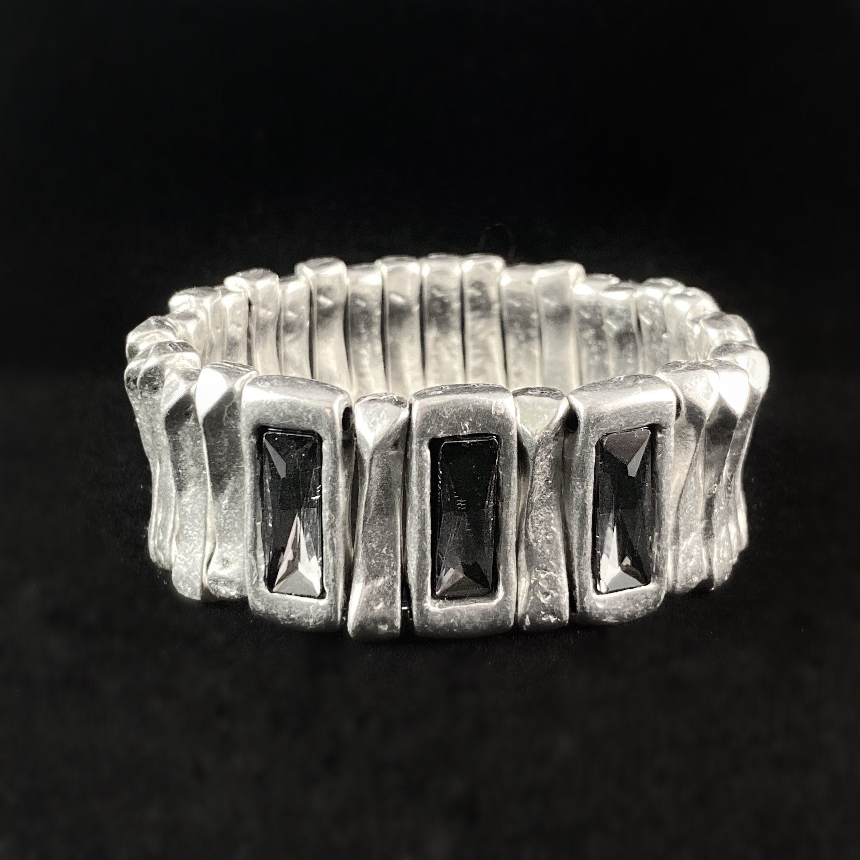 Silver Stretch Bracelet with Gray Rectangular Crystal Accents, Handmade, Nickel Free