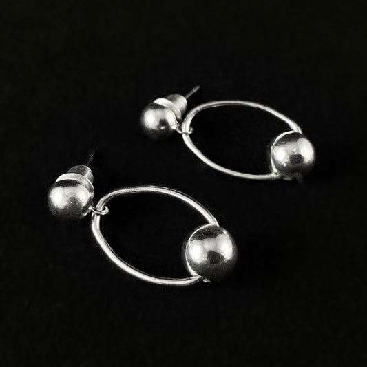 Silver Stud With Oval and Silver Bead Dangle Accent Minimalist Earrings - Handmade, Nickel Free - Ulla