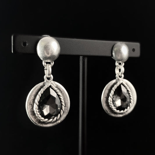 Silver Teardrop Crystal Drop Earrings with Braided Detailing -  Handmade, Nickel Free - Elegant Minimalist Jewelry for Women