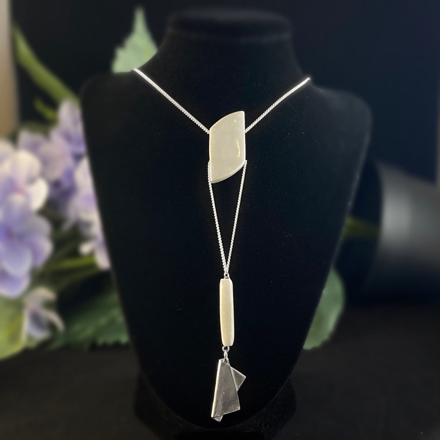 Silver Triangle and White Geometric Bead Pendant Necklace - Handmade in Canada, Anne-Marie Chagnon Jewelry