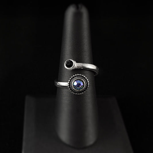 Silver Twist Ring, Black Stone and Multi Color Crystal, Size 8 Adjustable - Handmade, Nickel Free - Ulla