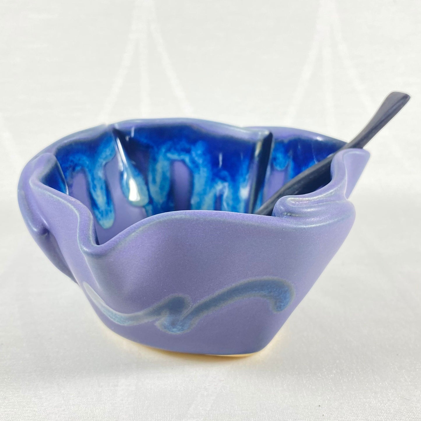Small Handmade Purple and Blue Multipurpose Dish with Serving Spoon, Functional and Decorative Pottery