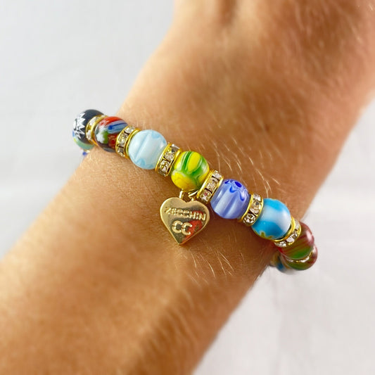 Small Multicolor Beaded Venetian Glass Bracelet, Gold - Handmade in Italy, Colorful Murano Glass