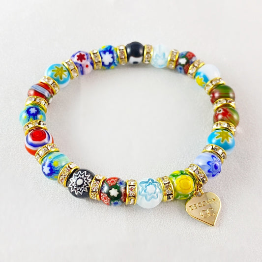 Small Multicolor Beaded Venetian Glass Bracelet, Gold - Handmade in Italy, Colorful Murano Glass