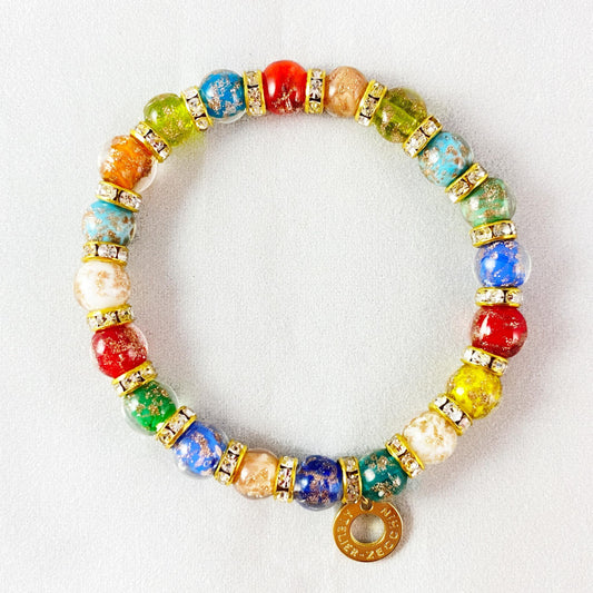 Small Multicolor Beaded Venetian Glass Bracelet, Gold - Handmade in Italy, Colorful Murano Glass
