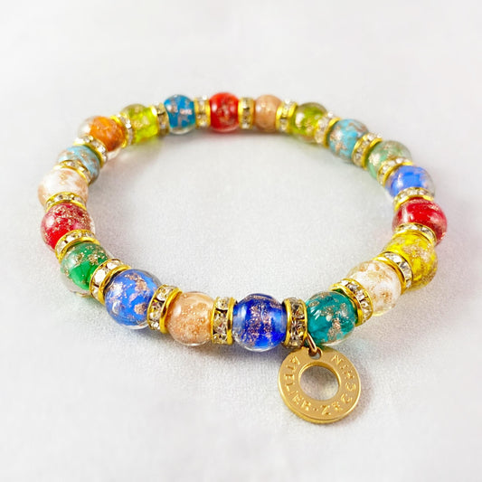 Small Multicolor Beaded Venetian Glass Bracelet, Gold - Handmade in Italy, Colorful Murano Glass