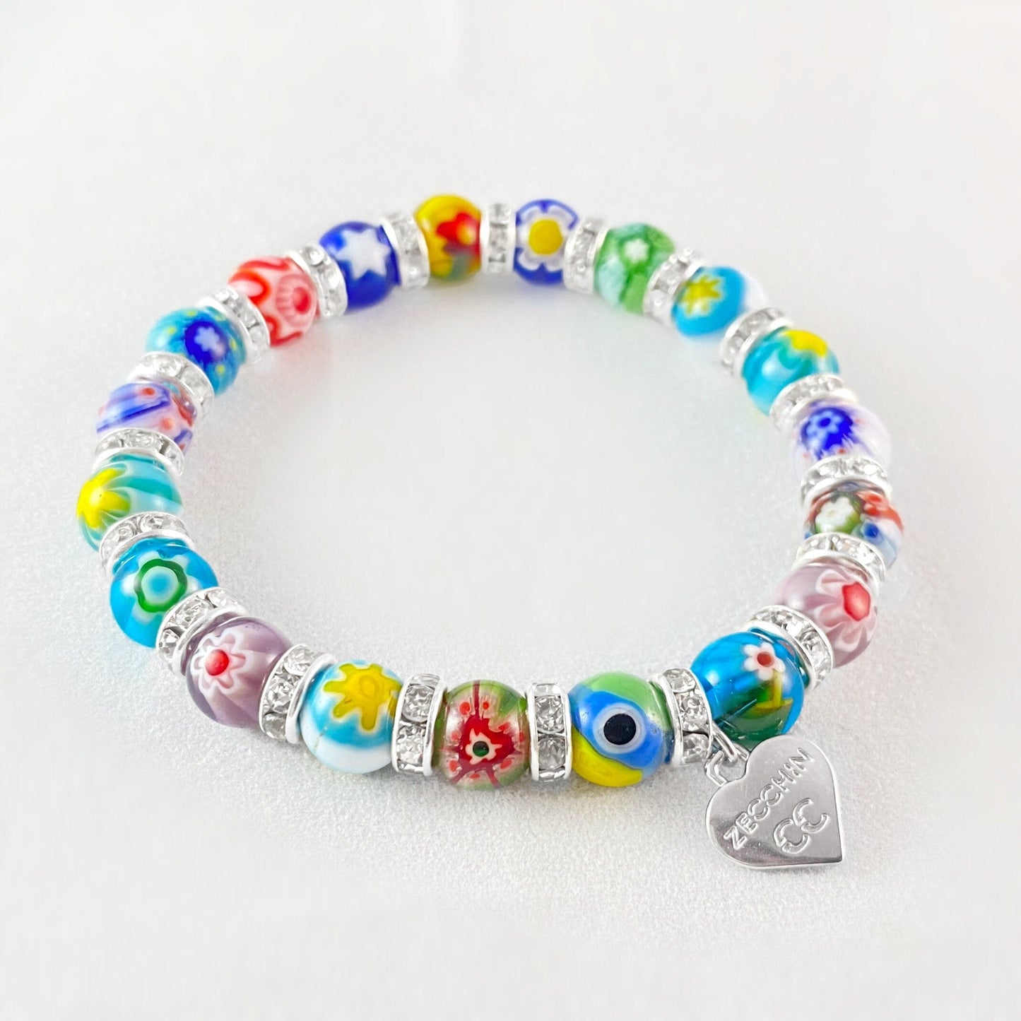 Small Multicolor Beaded Venetian Glass Bracelet, Silver - Handmade in Italy, Colorful Murano Glass