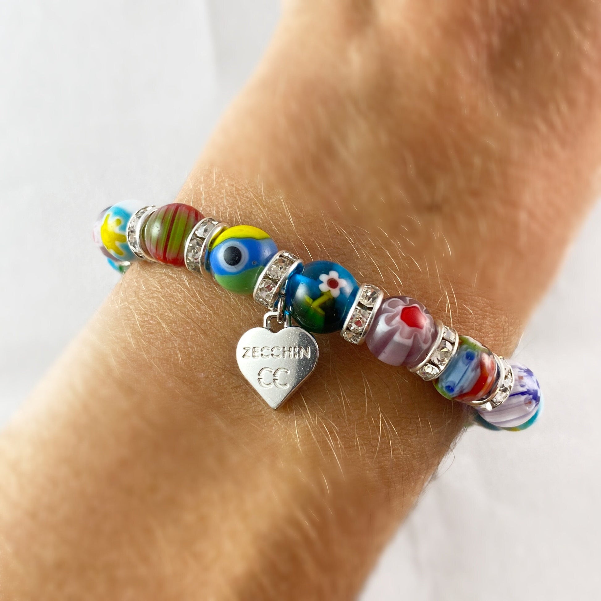 Small Multicolor Beaded Venetian Glass Bracelet Silver Murano