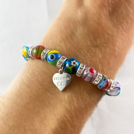 Small Multicolor Beaded Venetian Glass Bracelet, Silver - Handmade in Italy, Colorful Murano Glass