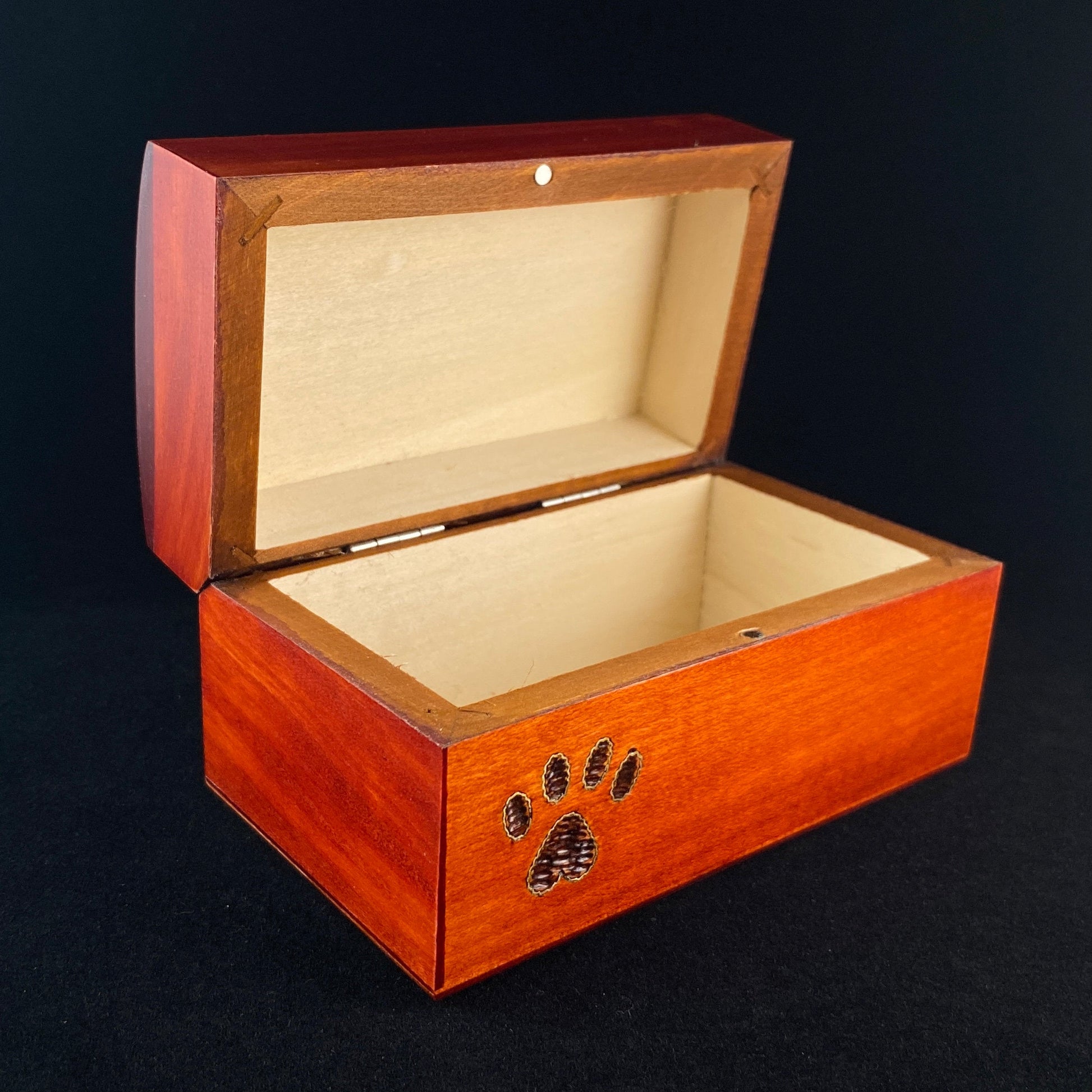 Small Paw Prints With Gold Outline, Handmade Hinged Square Wooden Treasure Box