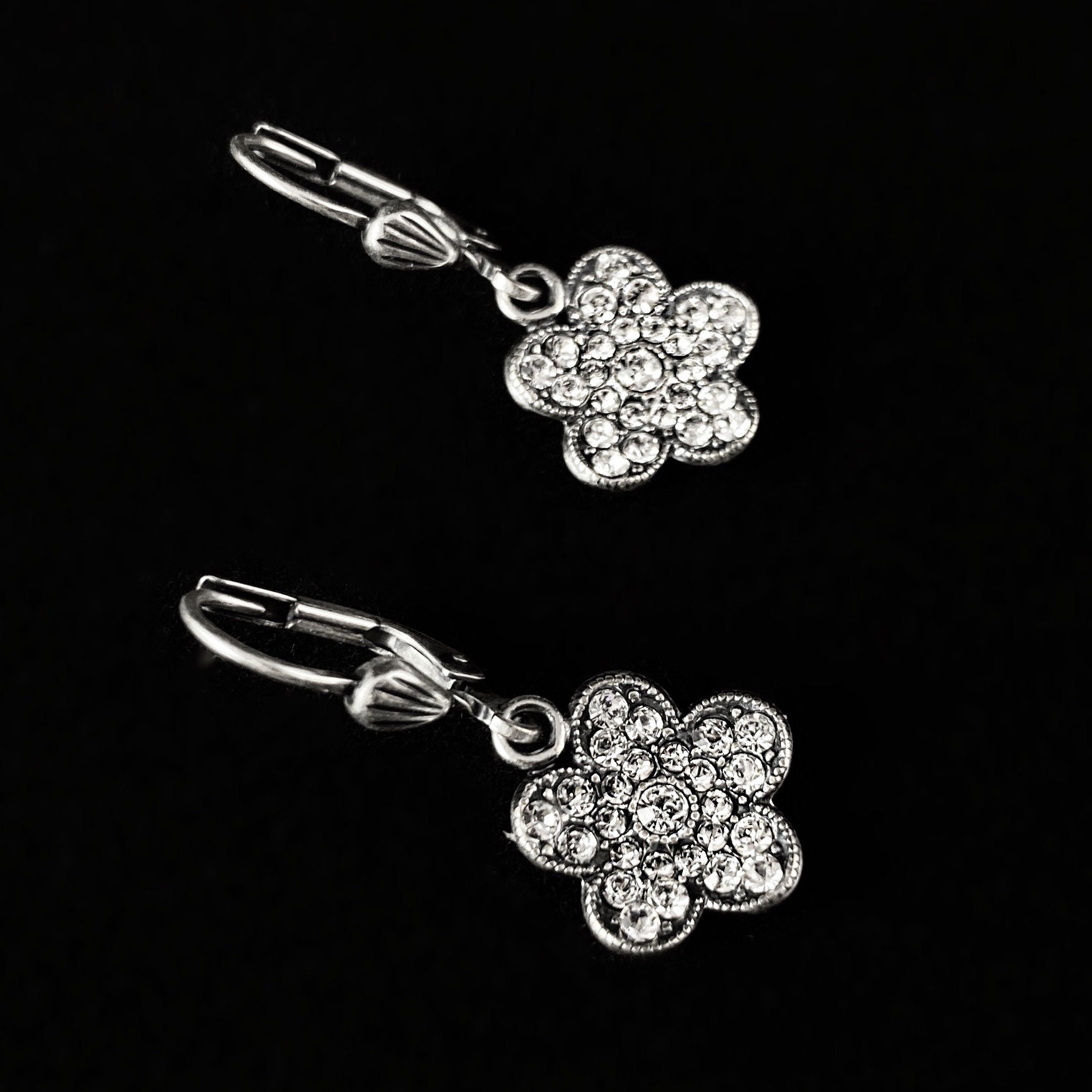 Small Silver Swarovski Crystal Flower Drop Earrings - La Vie Parisienne by Catherine Popesco