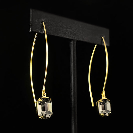 Smoky Gray-Black Emerald Cut Crystal Dangle Earrings Emmy -