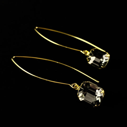 Smoky Gray-Black Emerald Cut Crystal Dangle Earrings Emmy -