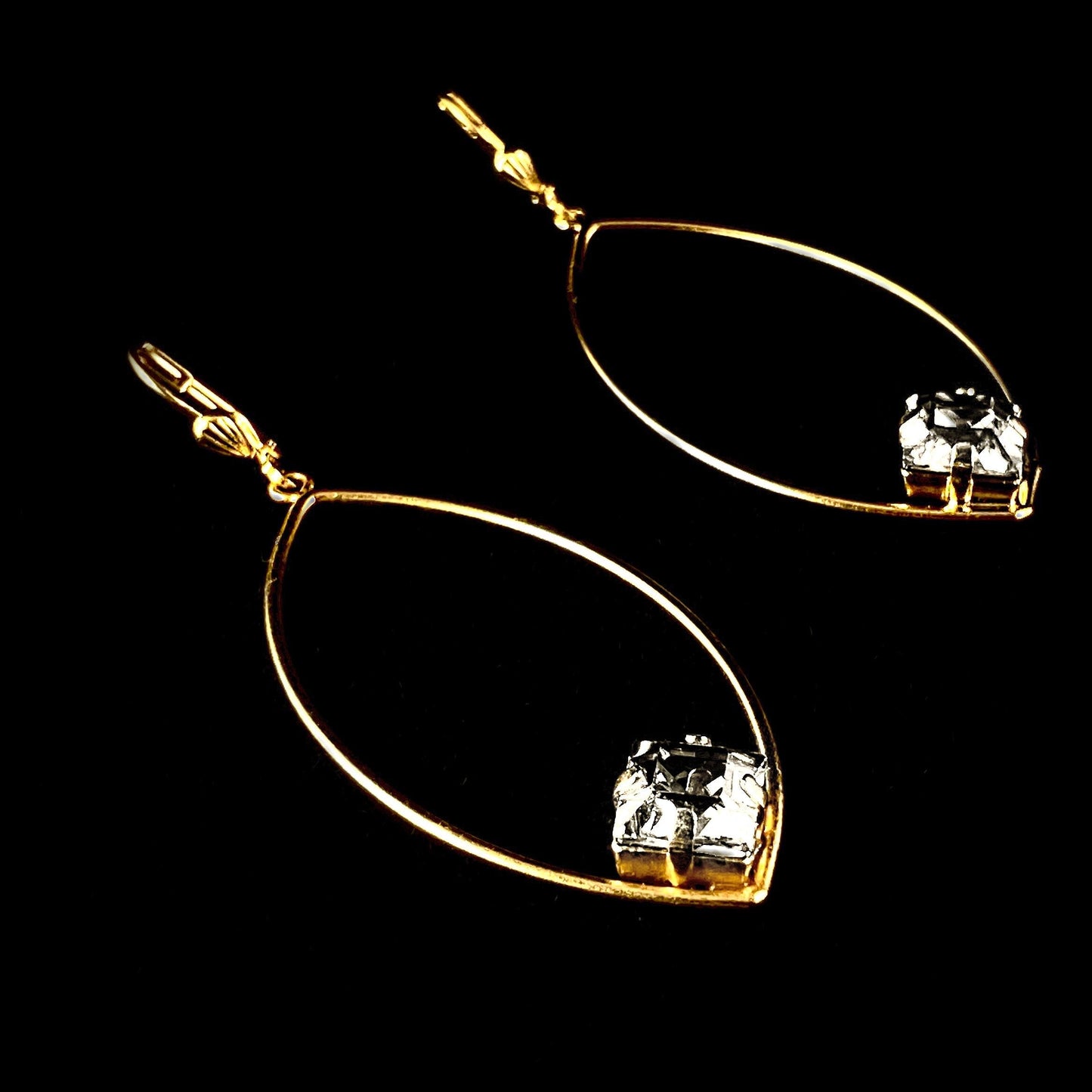 Smooth Gold Earrings with Clear Square Cut Swarovski Crystals - La Vie Parisienne by Catherine Popesco