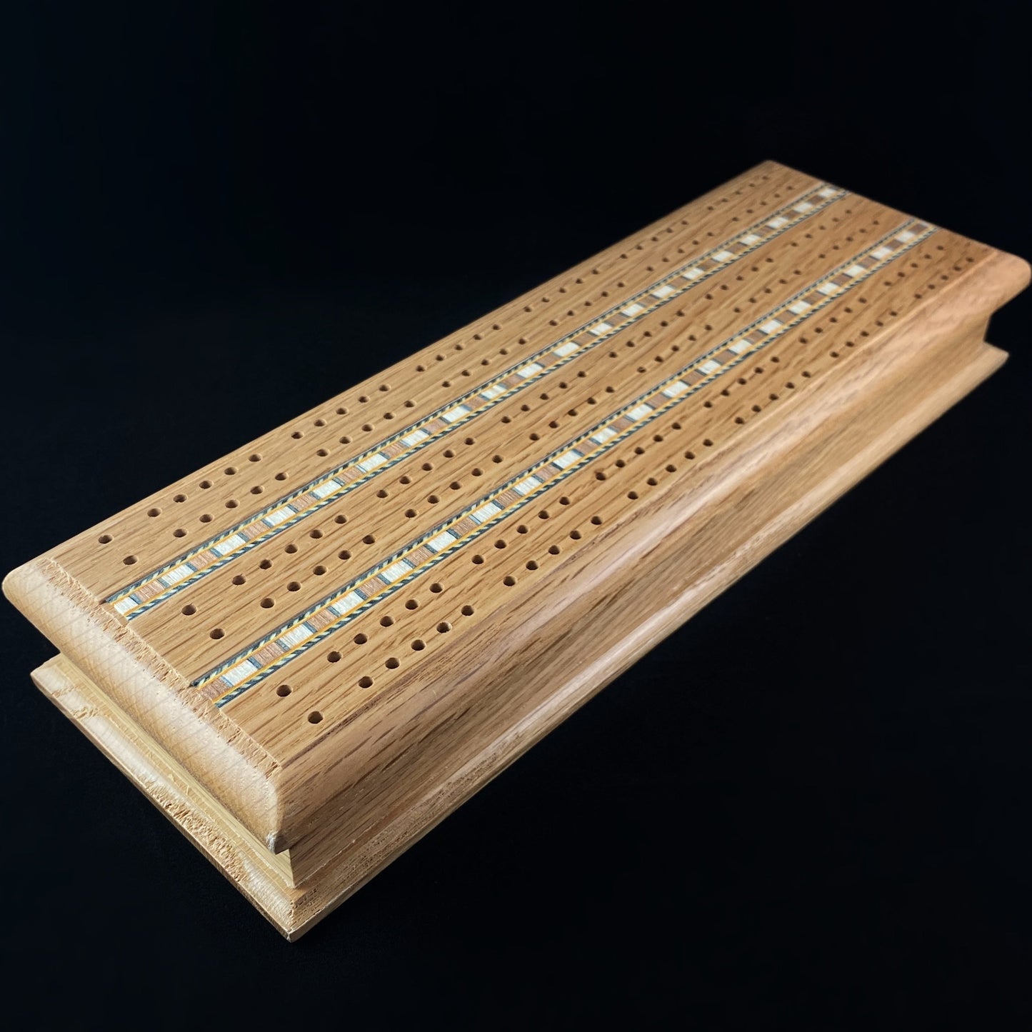 Solid Oak Wooden Cribbage Board with Cards and Pegs