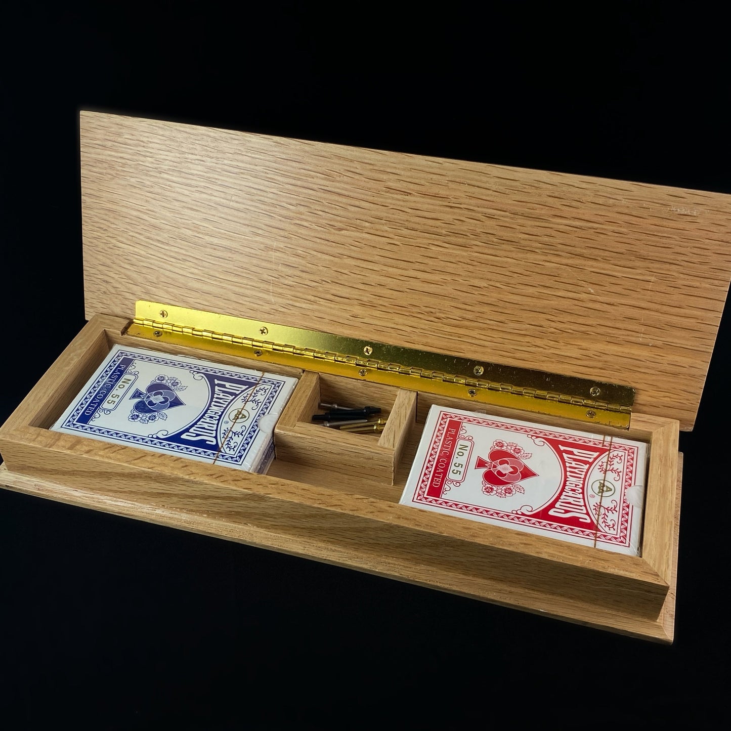 Solid Oak Wooden Cribbage Board with Cards and Pegs