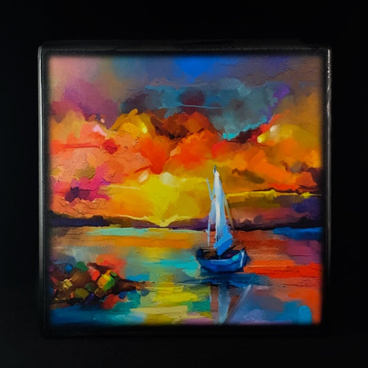 Solo Sailboat at Sunset, Art Block - Unique Home/Office Decor