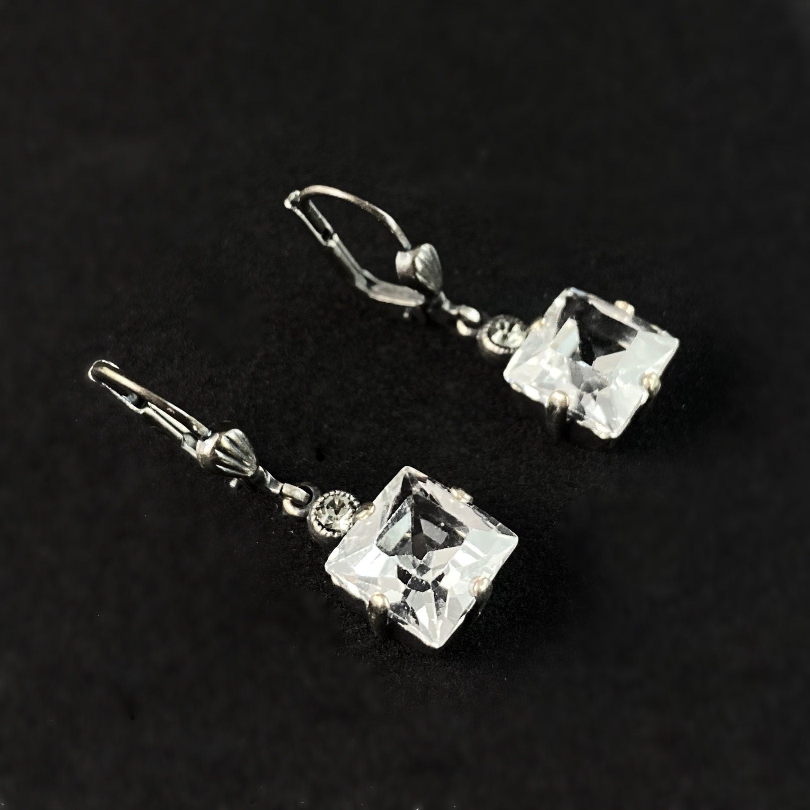 Square Cut Swarovski Crystal Drop Earrings, Clear - La Vie Parisienne by Catherine Popesco