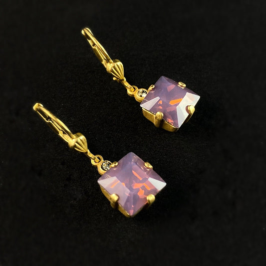 Square Cut Swarovski Crystal Drop Earrings, Milky Purple - La Vie Parisienne by Catherine Popesco