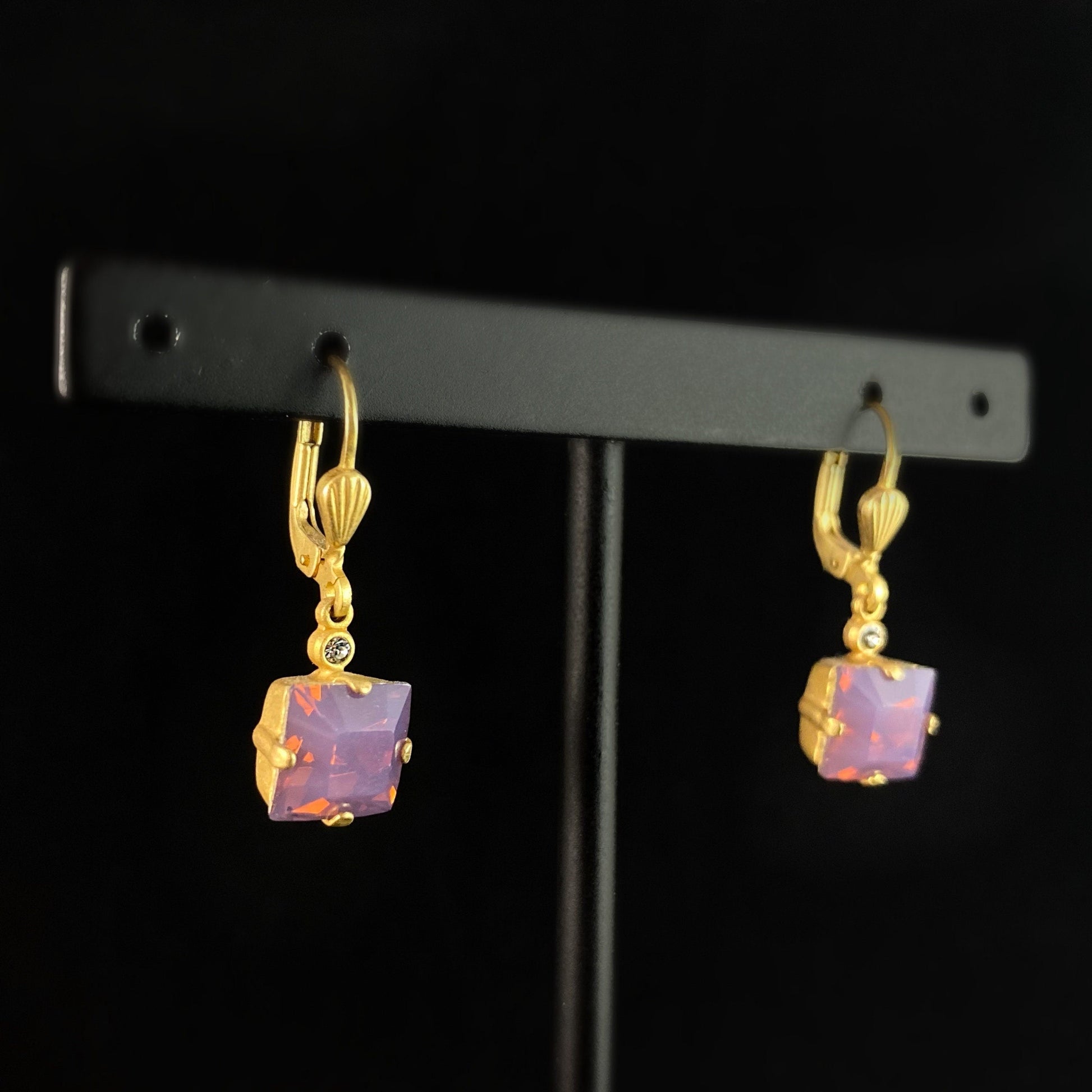 Square Cut Swarovski Crystal Drop Earrings, Milky Purple - La Vie Parisienne by Catherine Popesco