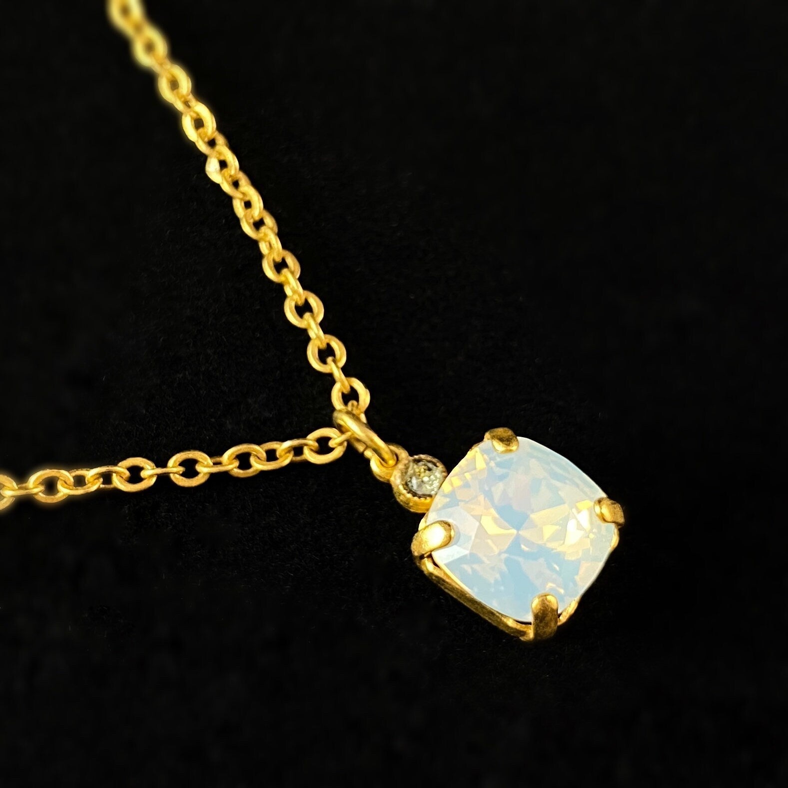 Square Cut Swarovski Crystal Pendant Necklace, Milky Opal - La Vie Parisienne by Catherine Popesco