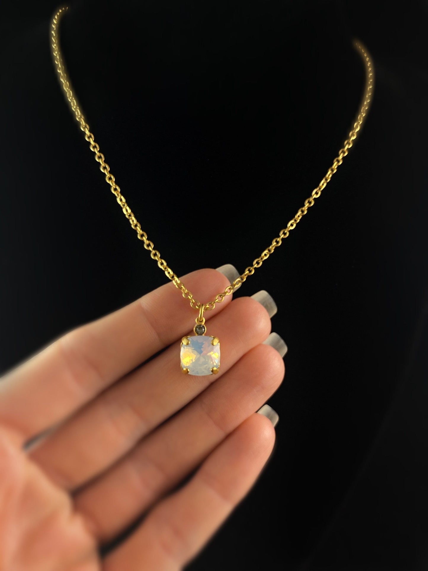 Square Cut Swarovski Crystal Pendant Necklace, Milky Opal - La Vie Parisienne by Catherine Popesco