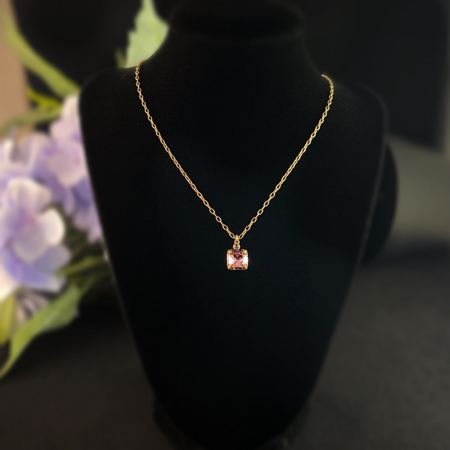 Square Cut Swarovski Crystal Pendant Necklace, Pink - La Vie Parisienne by Catherine Popesco