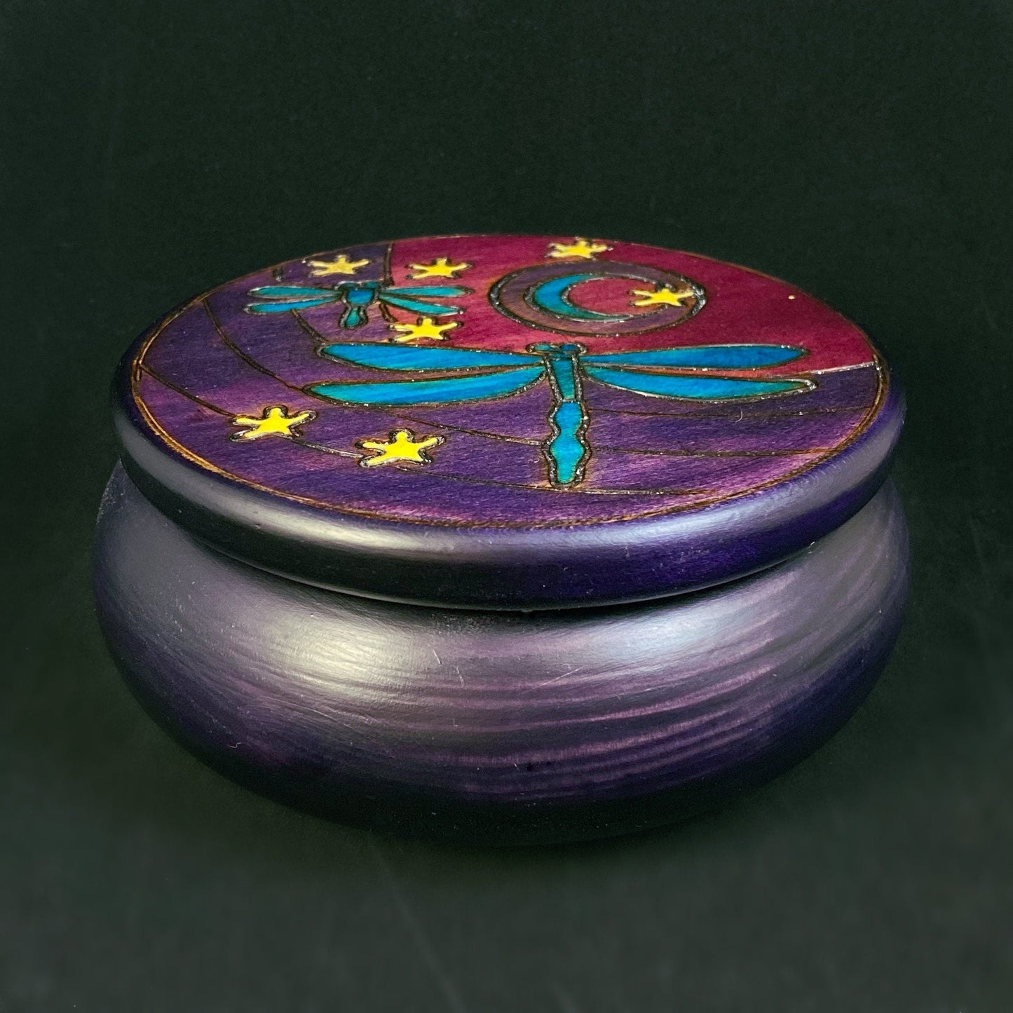 Stars, Moon, and Dragonfly Purple Handmade Round Wooden Treasure Box