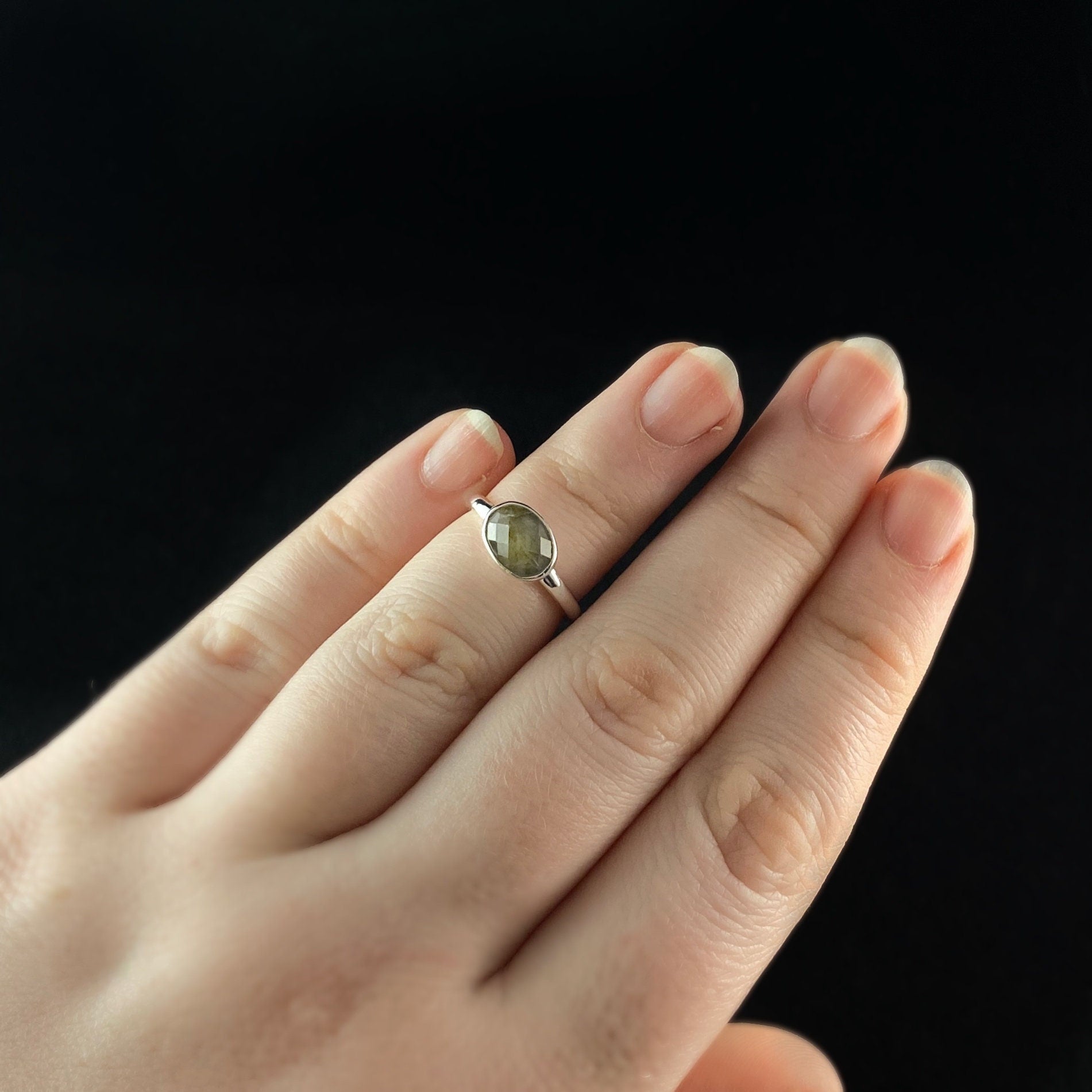 Statement Ring with Sterling Silver Plated Band and Dainty Green Stone - Size 7