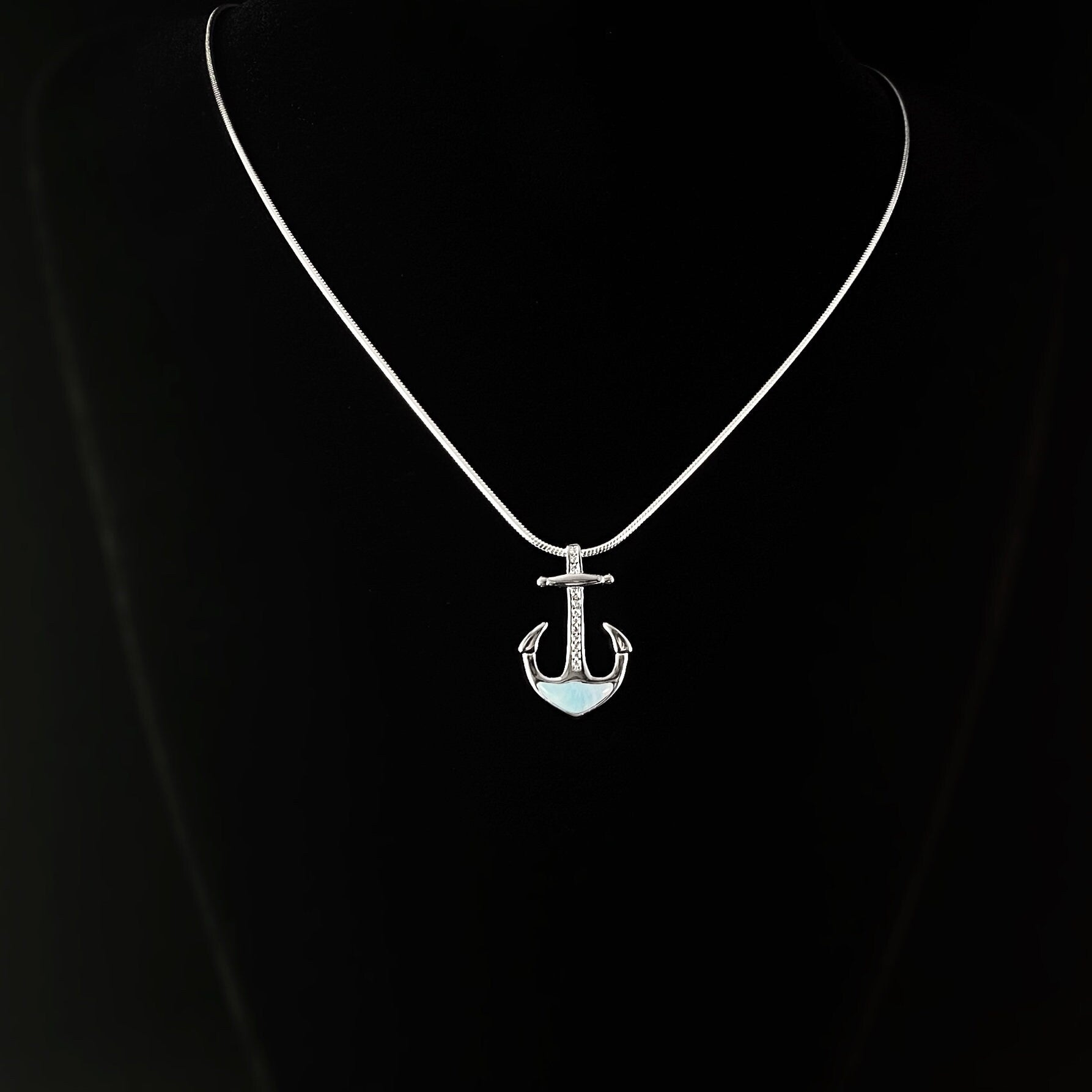 Sterling Silver Anchor Necklace with Natural Larimar Stone