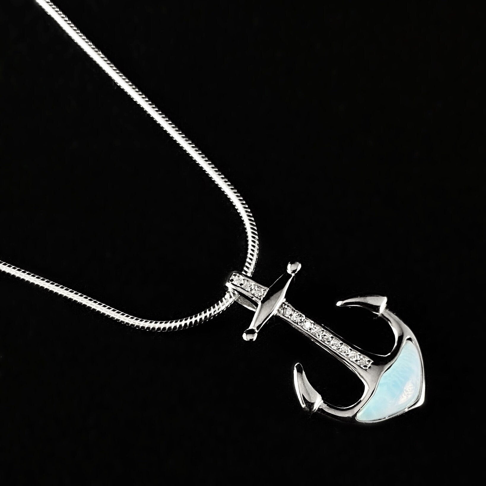 Sterling Silver Anchor Necklace with Natural Larimar Stone