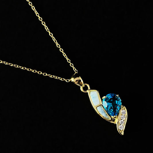 Sterling Silver and Yellow Gold Necklace with Natural Larimar Stone and Blue Topaz