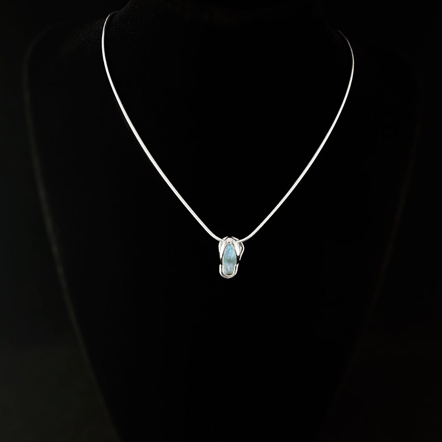 Sterling Silver Beach Sandal Necklace with Natural Larimar Stone