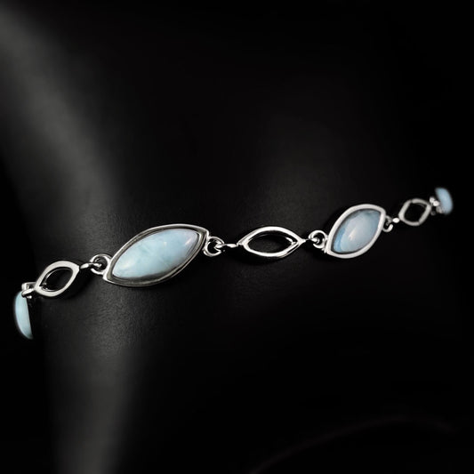 Sterling Silver Bracelet with Marquise Natural Larimar Stones