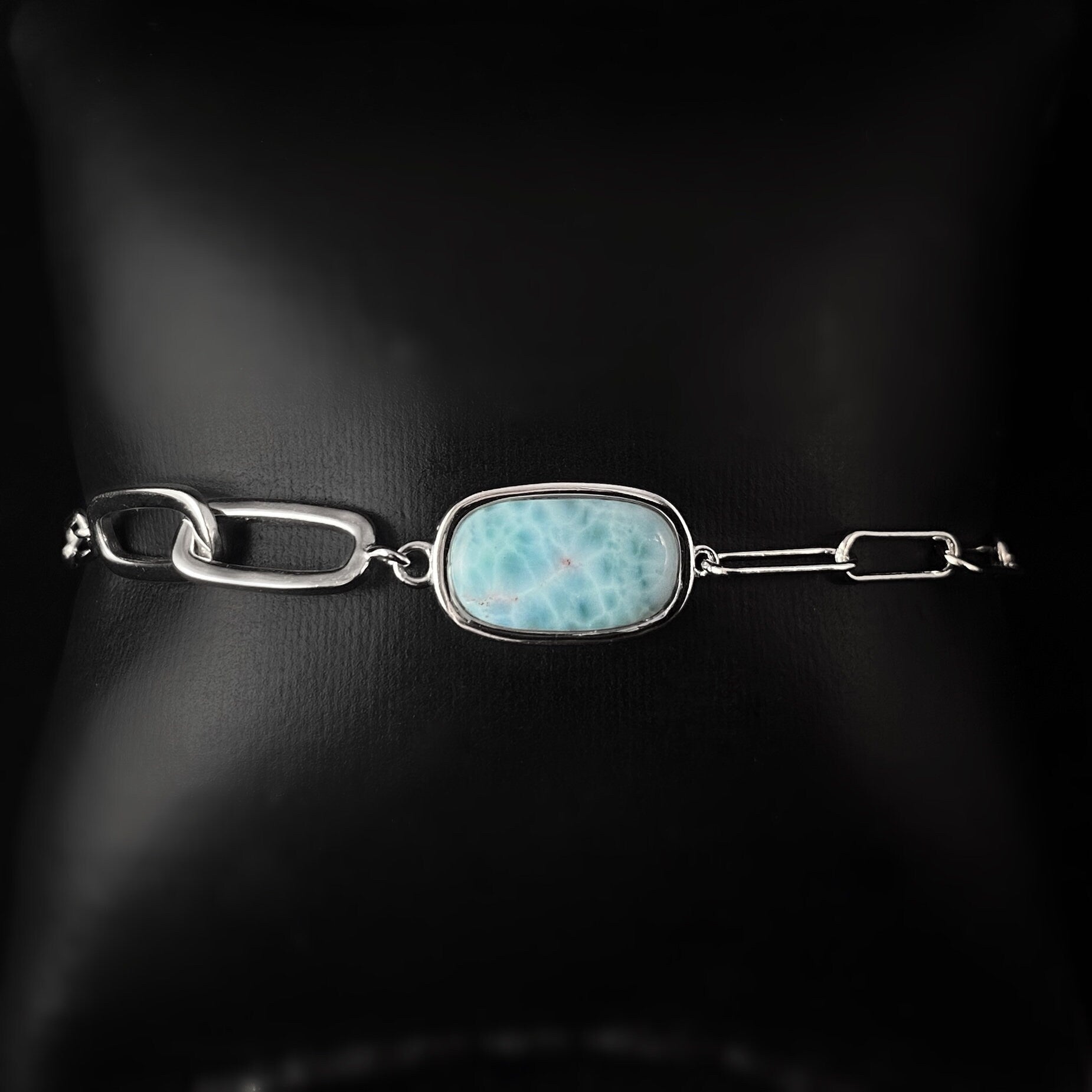 Sterling Silver Chain Link Bracelet with Oval Natural Larimar Stone