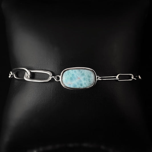 Sterling Silver Chain Link Bracelet with Oval Natural Larimar Stone